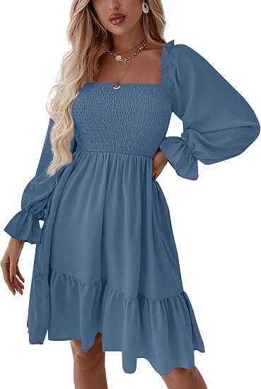 Women's Shirred Party Mini Dress | Square Neck Lantern Long Sleeve Ruffle A Line Flowy Casual Short Dresses