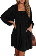 Women's Mini Smocked Wedding Guest Dress | Square Neck, Long Sleeve, Boho Cocktail Dresses, Floral, Tiered Ruffle, Graduation, Going Out, Travel Outfits, Fall Fashion
