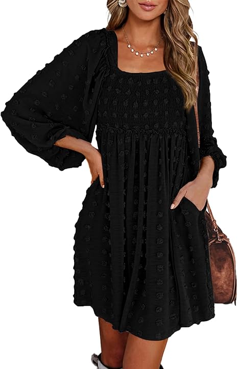 Women's Mini Smocked Wedding Guest Dress | Square Neck, Long Sleeve, Boho Cocktail Dresses, Floral, Tiered Ruffle, Graduation, Going Out, Travel Outfits, Fall Fashion