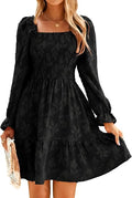 Women's Square Neck Fall Long Sleeve Mini Dress Smocked Swing Ruffle Wedding Guest Dress